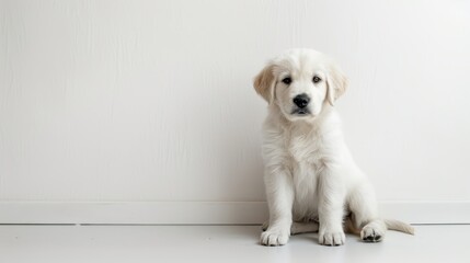   A white dog sits before a white wall, paws touching the ground, gaze fixed on the camera