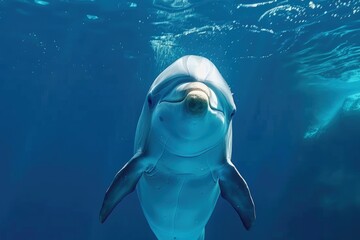 Smiling white dolphin in blue water, marine mammal.