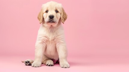   A puppy gazes sadly at the camera, paws touching the ground on a pink backdrop