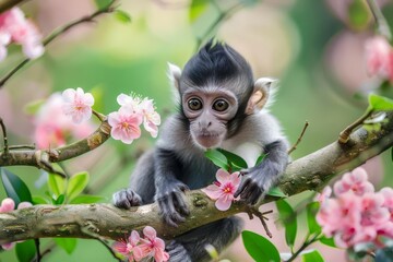 adorable baby monkey sitting on tree branch with pink flowers animal photo
