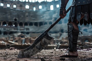 Hand of a gladiator holding a sword, coliseum in the background.