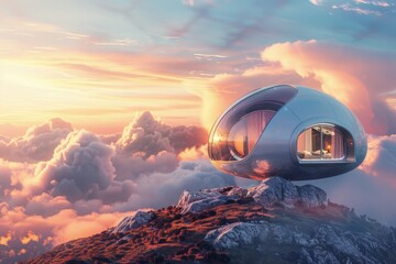 Futuristic dome-shaped house on top of a stone hill, architecture concept, sunset in the background.