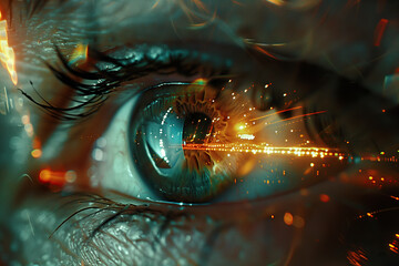All seeing eye concept. Close up view of human gray eye with sparkling fireworks in reflection....