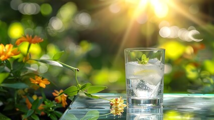 Aesthetic Setting: Gin and Tonic on Glass Table Outdoors Amidst Lush Greenery and Blooms. Concept Outdoor Photoshoot, Aesthetic Setting, Gin and Tonic, Glass Table, Lush Greenery, Blooms