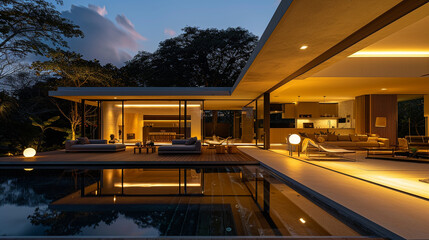 The exterior of a contemporary villa at night, where the illuminated pool acts as the centerpiece,...