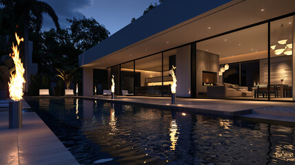 The exterior of a modern, luxury villa at night, featuring a luminous pool surrounded by fire...