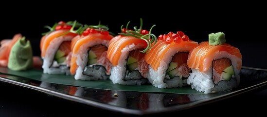 Delicious sushi rolls with salmon, avocado and rice isolated on dark background.