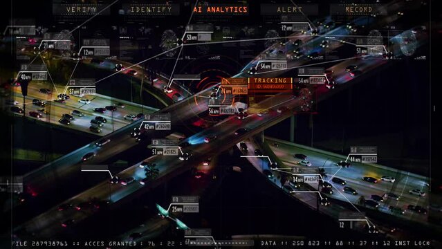 Military Helicopter View of Major Highway full of Cars. Generative Artificial Intelligence Tracking Suspect. ID, Image and Data appearing. Computer Vision Interface
