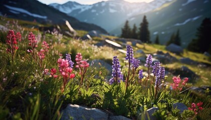 Obraz premium Various wildflowers in full bloom cover the mountain slope in a scenic view