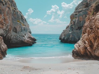 Landscape with a beach and sea with stunning blue waters and rocky cliffs, concept of travel, summer, vacation.