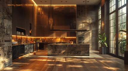 Sumptuous kitchen layout, illuminated by chic internal lighting fixtures, pure luxury.