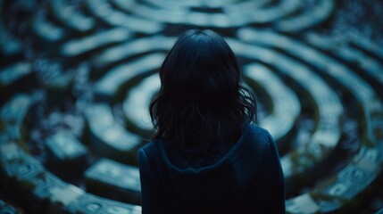   A woman faces a circular maze situated in a room's center, its circular design replicated on the floor
