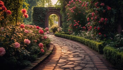 Fototapeta premium A garden filled with blooming roses and a winding stone path snaking through the greenery
