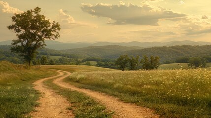   A dirt path cutting through a sprawling grassy expanse, terminating at a solitary tree