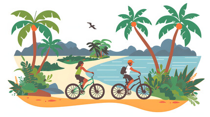 Bicycle ride along coastal bike paths isolated on white background, flat design, png
