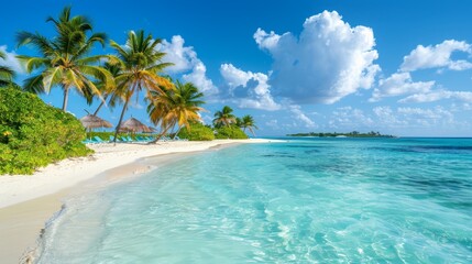 Fototapeta premium A tropical beach with palm trees lining the shore and a expanse of white sand in the foreground, contrasting against the crystal-clear, azure waters