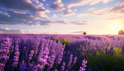 A field filled with vibrant purple flowers stretches under a cloudy sky, creating a beautiful...