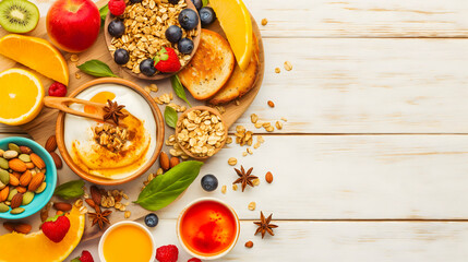 Healthy breakfast on white wooden table. Top view with copy space