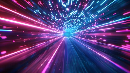 Obraz premium Neon Light Trails in a Futuristic Virtual Reality Setting with Motion Blur. Concept Neon Lights, Light Trails, Futuristic Setting, Virtual Reality, Motion Blur