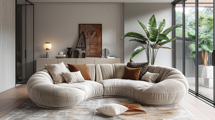 Cozy elegance, epitomized by the soft embrace of a sofa.