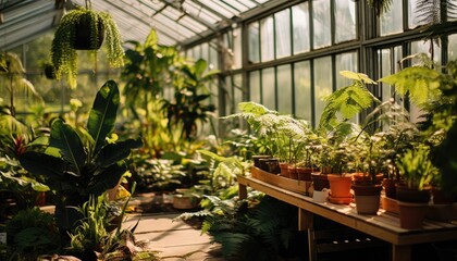 A greenhouse overflowing with various shades of green plants, including hanging ferns and potted vegetation