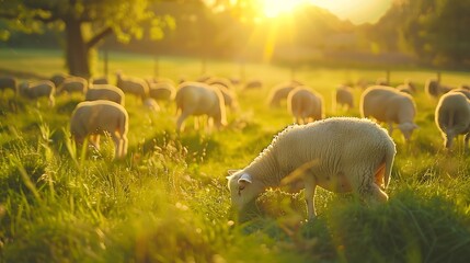 A flock of lambs grazing peacefully in a lush green meadow under a golden sunset