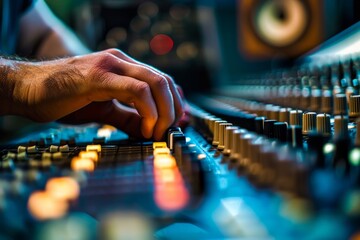 A closeup of an audio specialists hands finetuning studio controls on a sound board