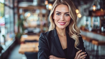 Fototapeta premium A woman, arms crossed, smiles at the camera before a bar