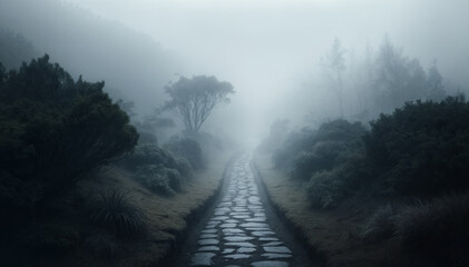 Obraz premium Image of a stone path surrounded by thick fog and green plants leading into the unknown
