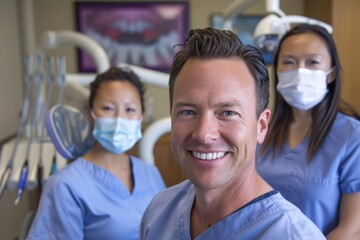 A male dentist and two female assistants in scrubs working in a dental room, smiling professionally