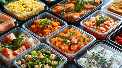 Fototapeta premium Promotional Image for Delivery of Prepackaged Healthy Meals in Plastic Containers. Concept Healthy eating, Meal delivery, Plastic containers, Promotional image