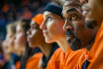 A group of people sitting closely together in the front rows at a basketball game, all intensely focused on the action unfolding in front of them