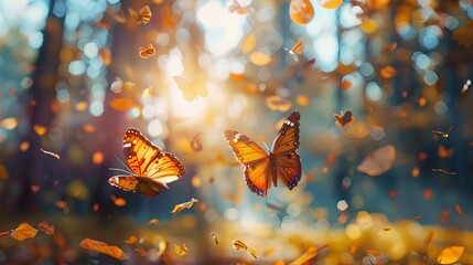 Bright autumn summer natural background. Colorful leaves and butterflies in flight in forest. Magical nature of autumn - Powered by Adobe
