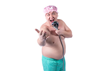 Good morning. Funny fat man washes in the shower and sings. The guy poses in the studio on a white background. Fun and joy.
