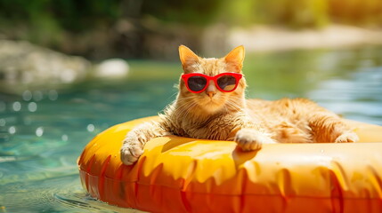 Cat in sunglasses on an inflatable ring floating in a pool