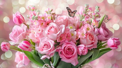 bunch of fresh pink roses andwtite tulips flowers with butterflies on bokeh background