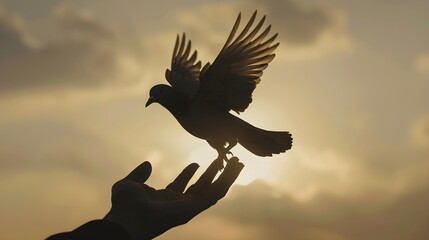 Pigeon returning and landing in a hand during sunset