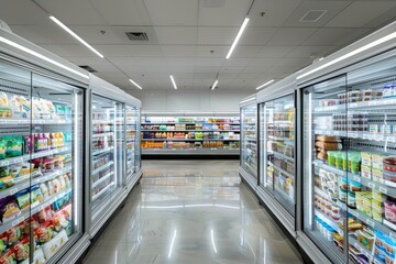 A commercial photo showcasing a bustling grocery store with neatly arranged shelves packed with a wide assortment of food items under bright lights