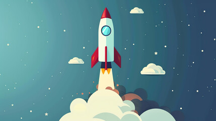 The illustration shows a rocket launching into space