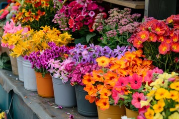 Various colorful flowers in containers displayed on a shelf at a bustling spring farmers market