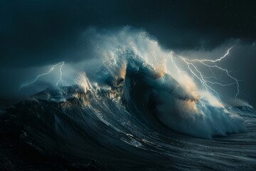 A powerful wave in the ocean, illuminated by lightning, creating a dramatic and intense scene
