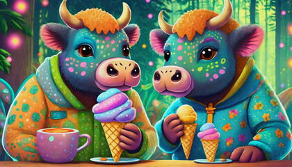 oil painting style cartoon character baby bison eating ice cream in cone at cafe,