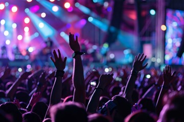 A large group of people at an open-air concert, enthusiastically raising their hands in the air...