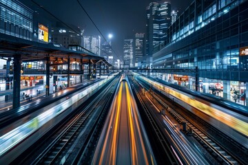 A wide-angle view of a busy train station at night, brightly lit with a freight train in motion, capturing the hustle and bustle of passengers and activities