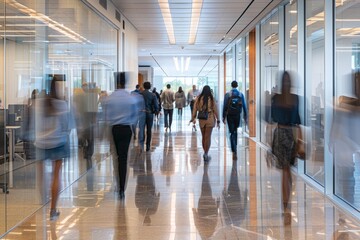 A group of professionals from diverse backgrounds walking through a sleek glass hallway in a modern office environment