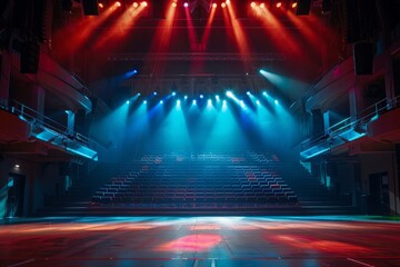 A wide-angle view of a stage in a concert hall with intense lights beaming across, creating a...