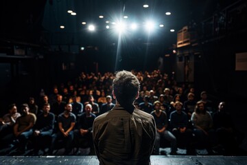 A man standing in front of a crowd delivering a monologue with a spotlight shining on him