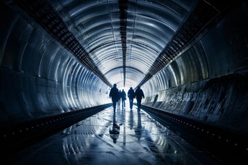 Multiple individuals walking through a tunnel entrance illuminated by ambient light