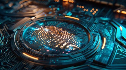   A tight shot of a circuit board displays a fingerprint in its center, encircled by a ring of lights