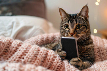 Cat Holding Smartphone - Generative AI.